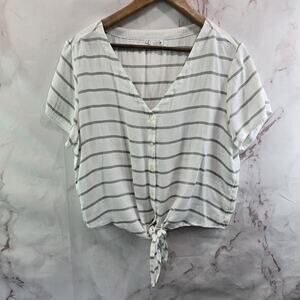 Carve Designs Shirt Womens Small White Striped Boxy Button Knot Tie Crop V Short